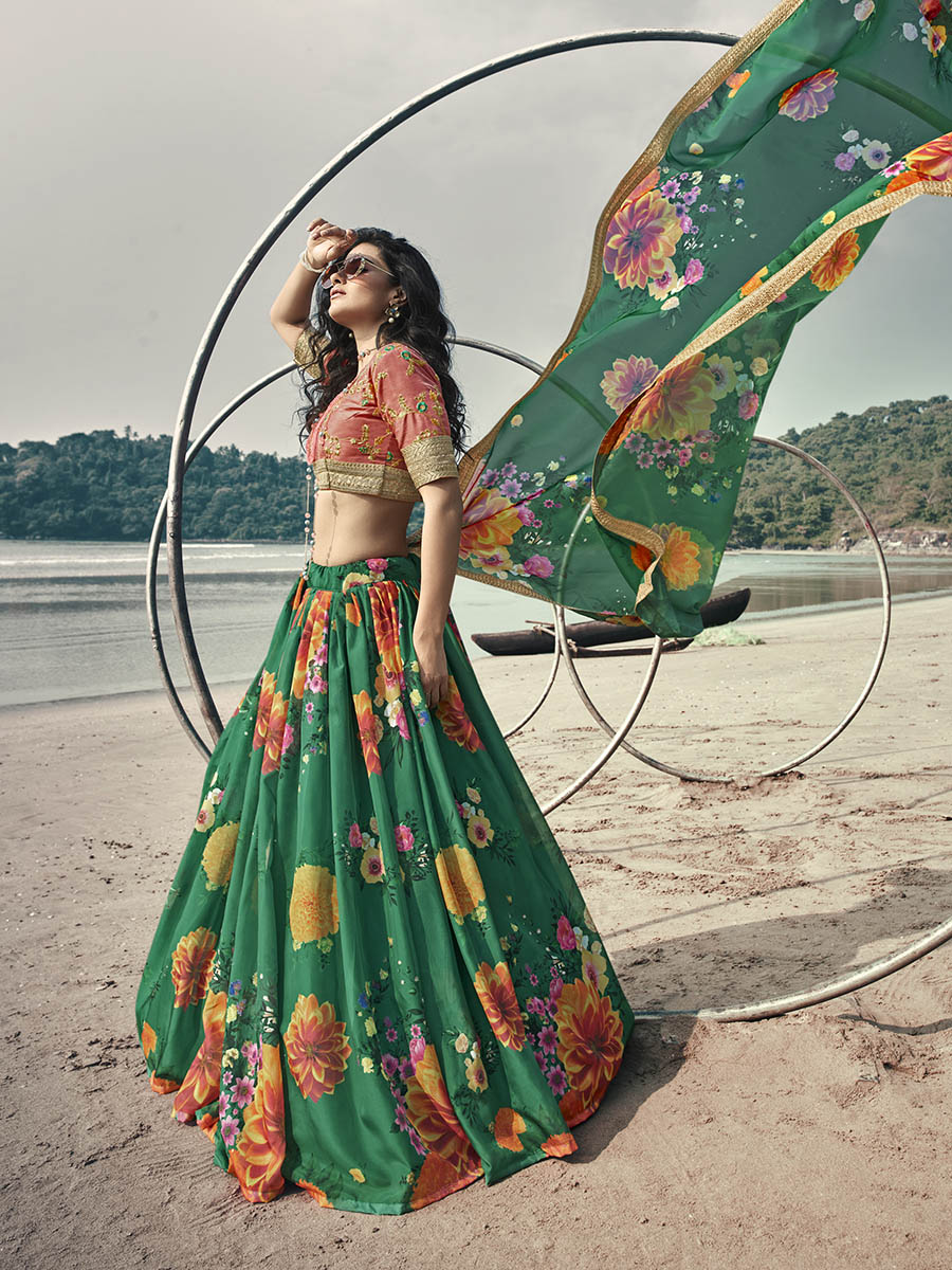 Myra Rama Green Organza Printed & Embroidered Lehenga