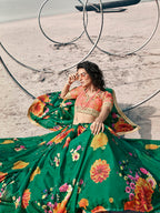 Myra Rama Green Organza Printed & Embroidered Lehenga