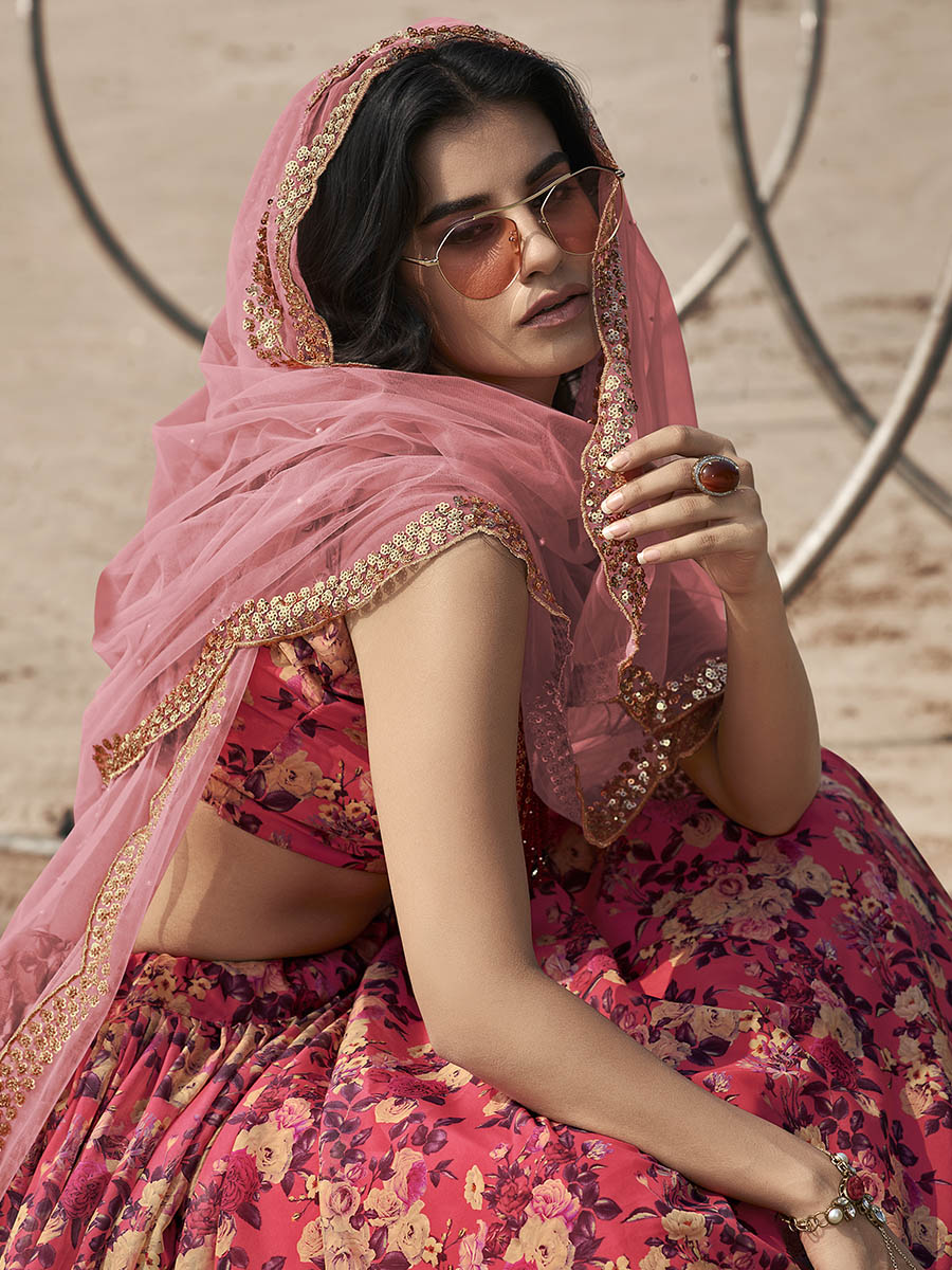 Myra Gajeri Red Organza Printed Lehenga