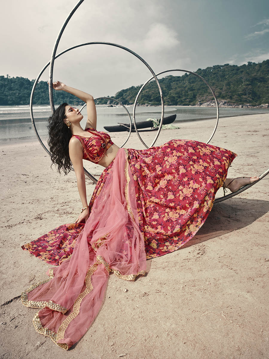 Myra Gajeri Red Organza Printed Lehenga