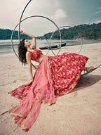 Myra Gajeri Red Organza Printed Lehenga