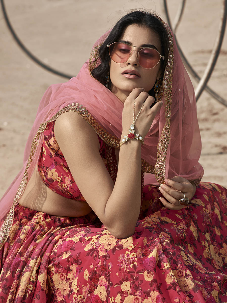 Myra Gajeri Red Organza Printed Lehenga