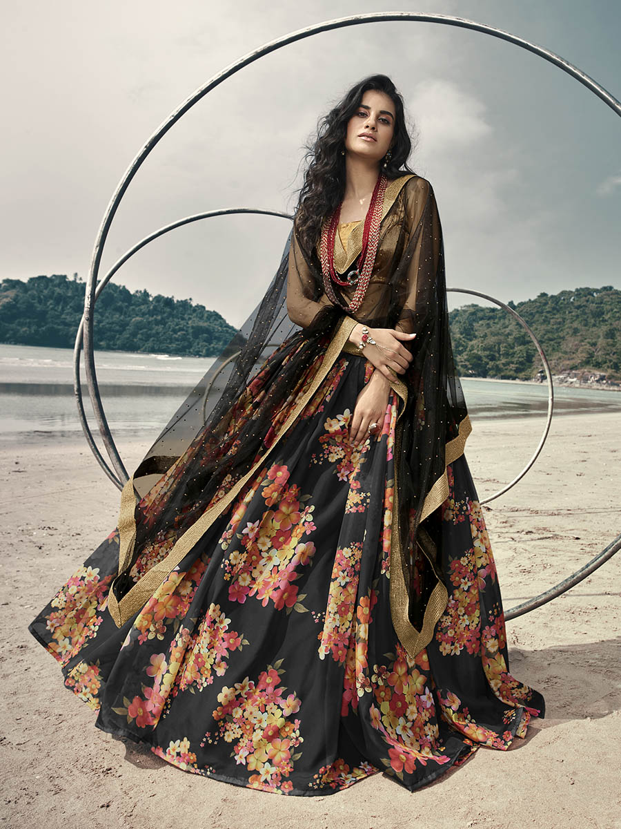 Myra Black Organza Printed Lehenga