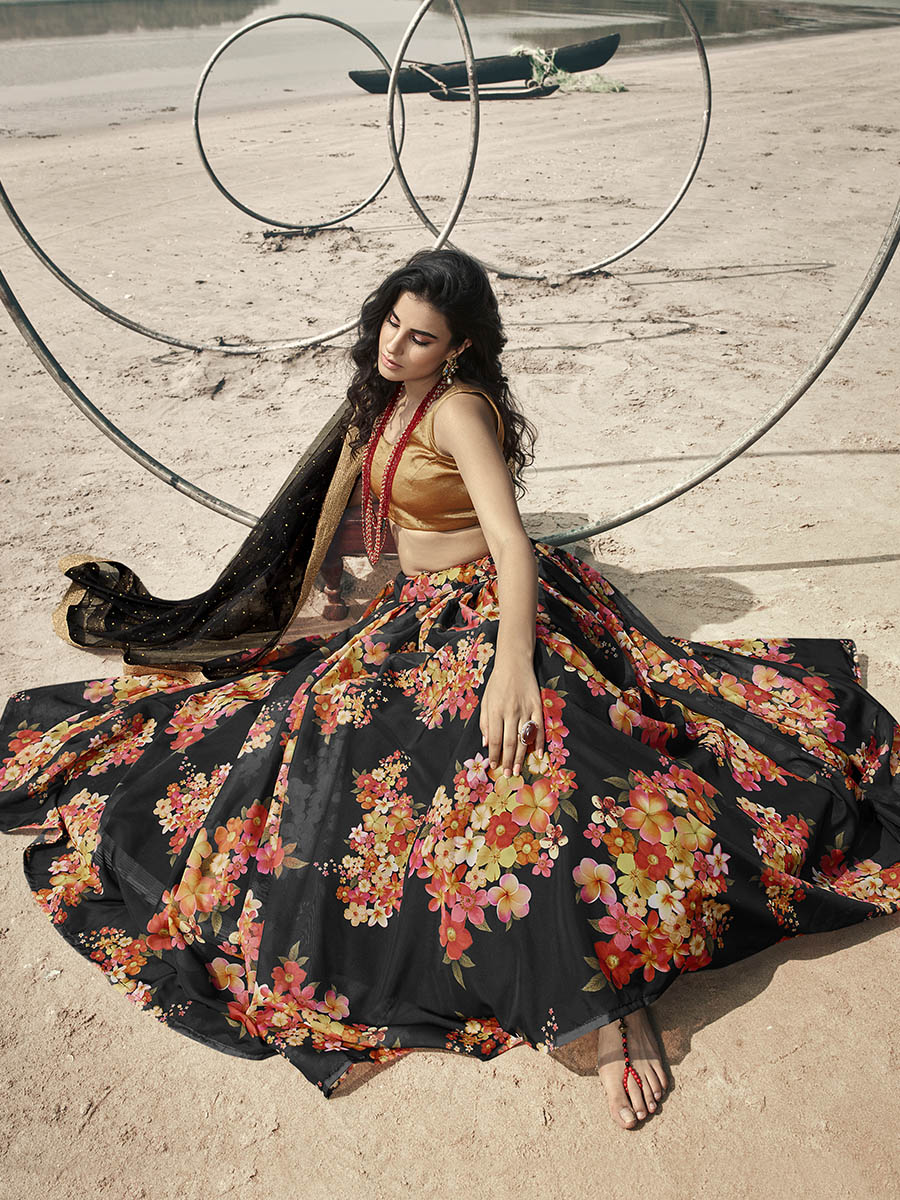 Myra Black Organza Printed Lehenga