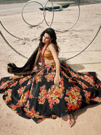 Myra Black Organza Printed Lehenga