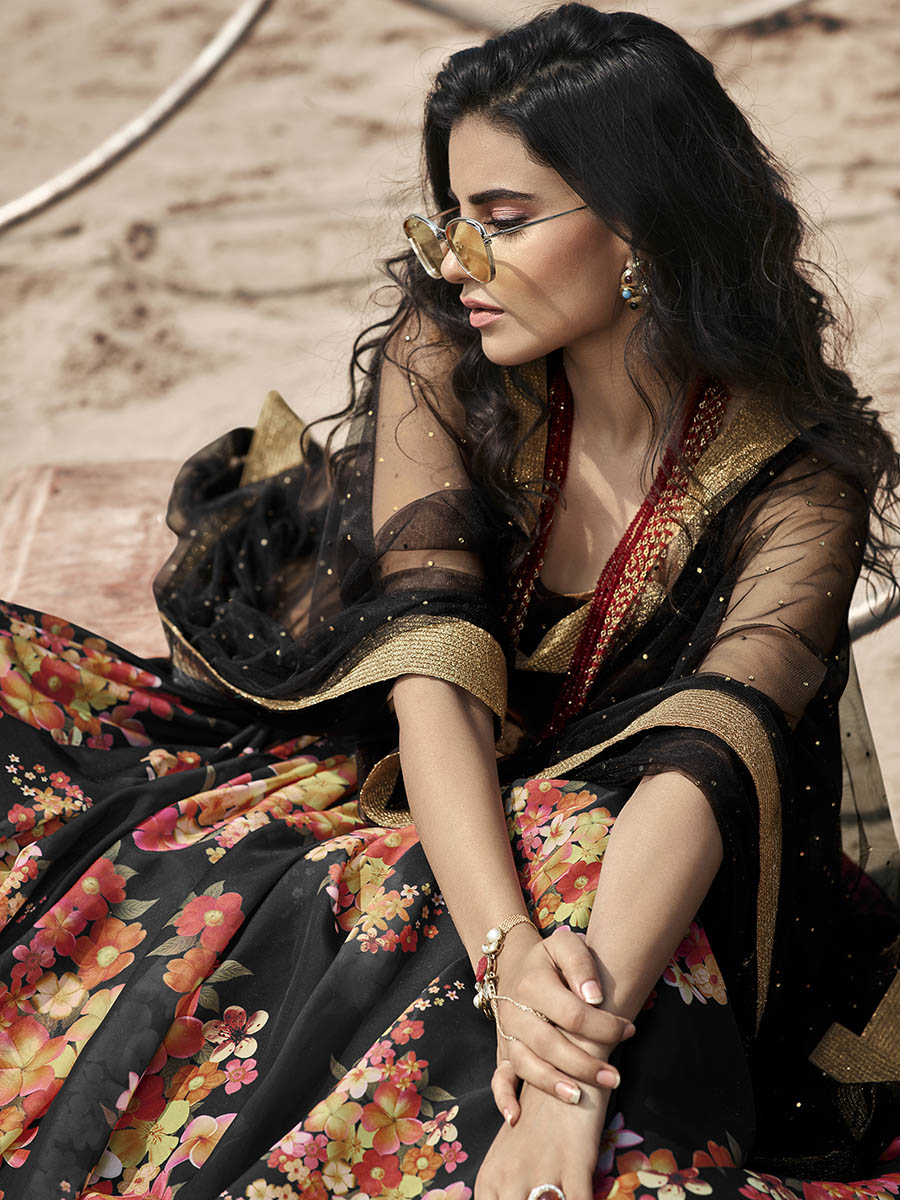 Myra Black Organza Printed Lehenga