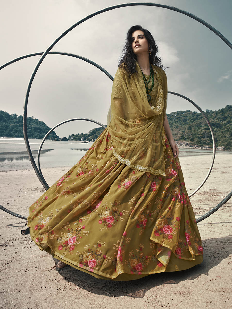 Myra Olive Green Organza Printed & Embroidered Lehenga