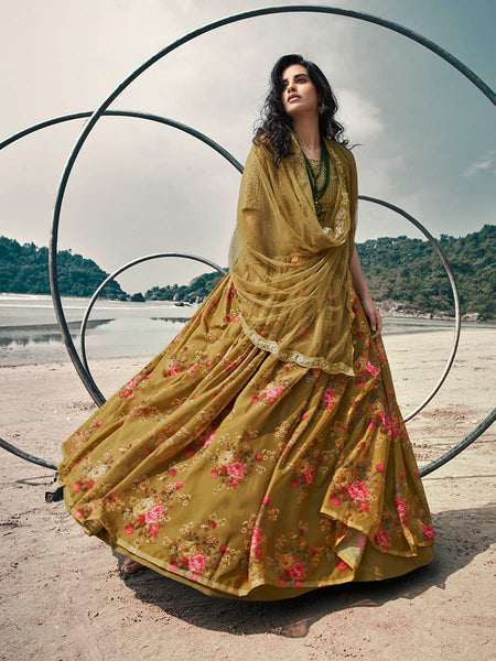 Myra Olive Green Organza Printed & Embroidered Lehenga
