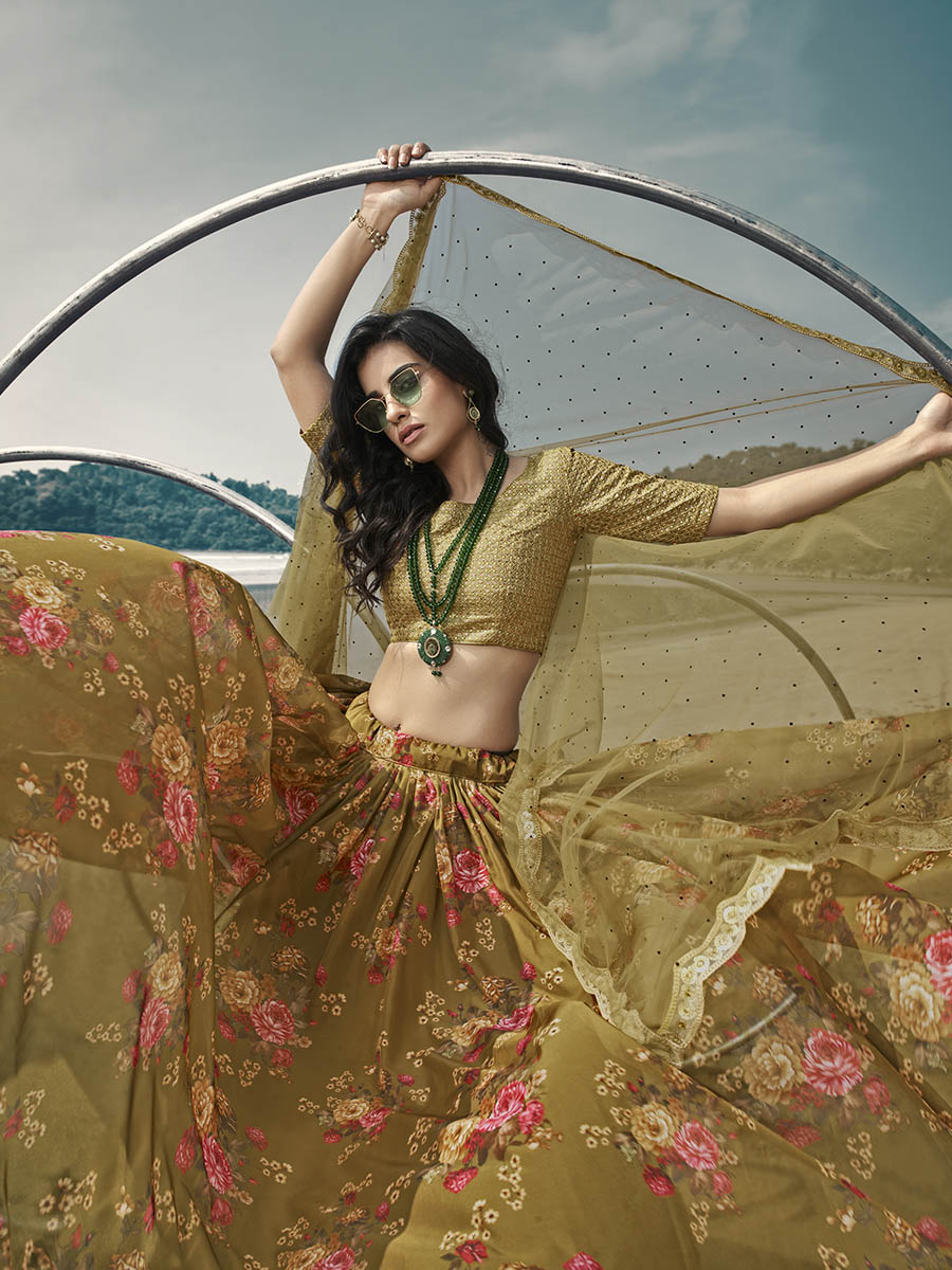 Myra Olive Green Organza Printed & Embroidered Lehenga