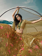Myra Olive Green Organza Printed & Embroidered Lehenga