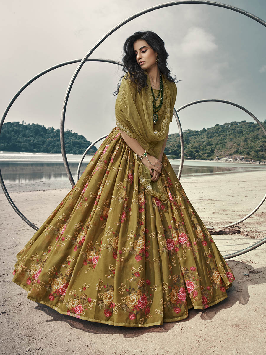 Myra Olive Green Organza Printed & Embroidered Lehenga