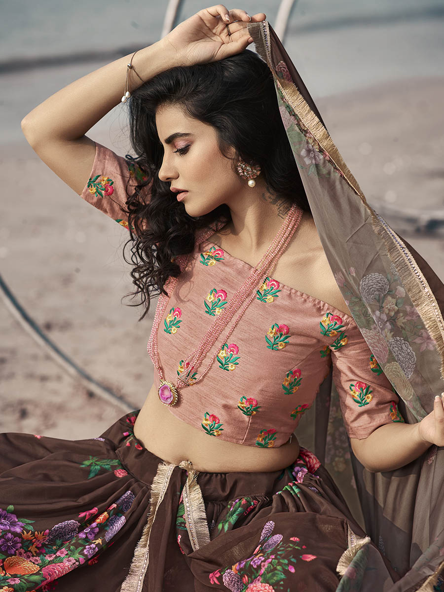 Myra Pink Organza Printed & Embroidered Lehenga