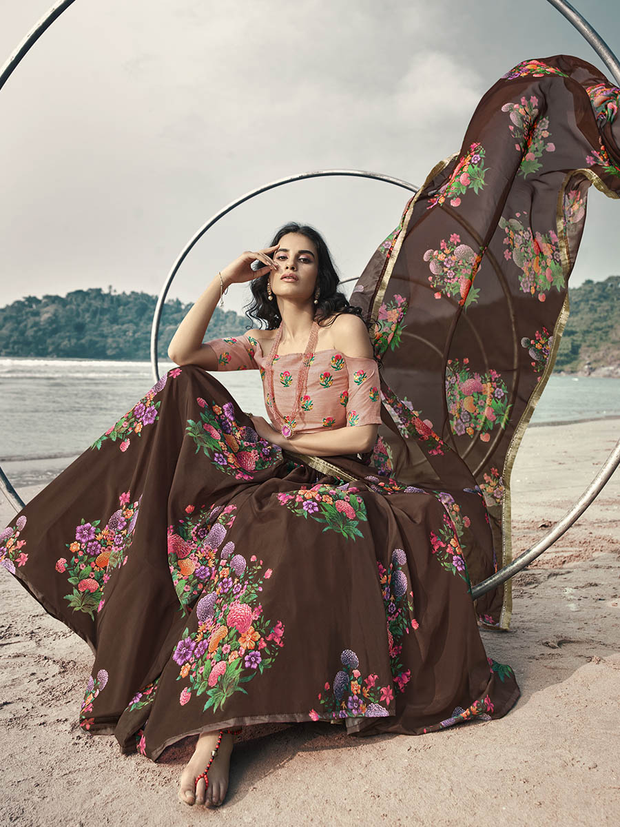 Myra Pink Organza Printed & Embroidered Lehenga
