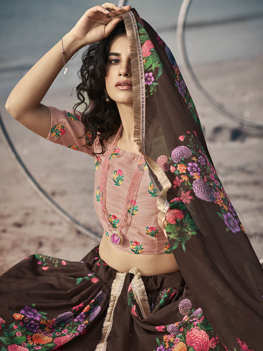 Myra Pink Organza Printed & Embroidered Lehenga