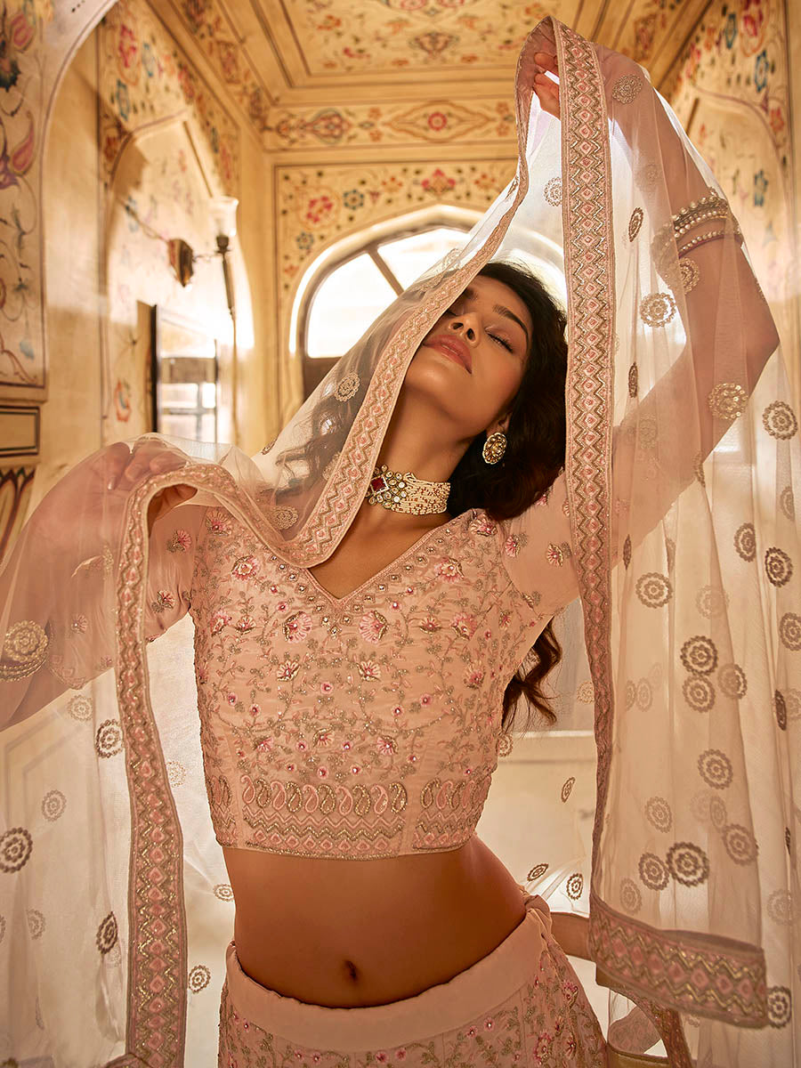 Myra Peach Crepe Embroidered Lehenga