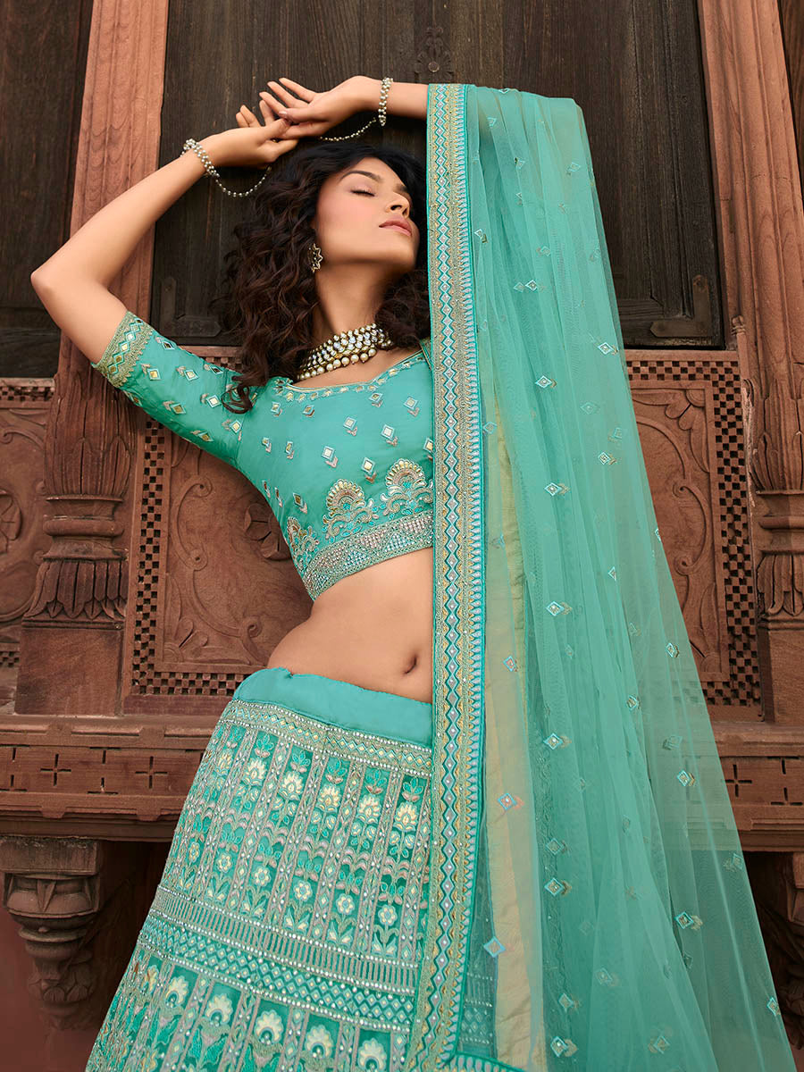 Myra Turquoise Organza Embroidered Lehenga