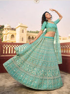 Myra Turquoise Organza Embroidered Lehenga