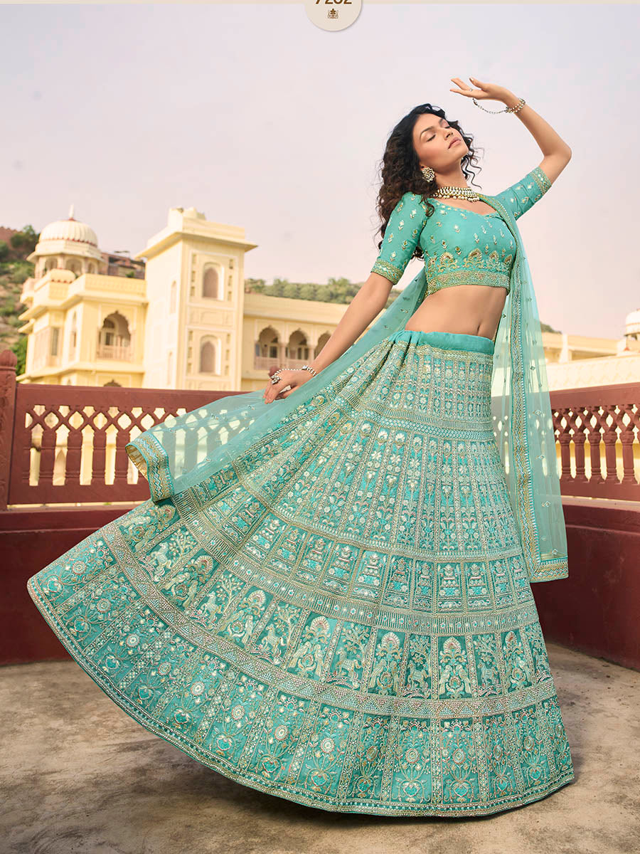 Myra Turquoise Organza Embroidered Lehenga