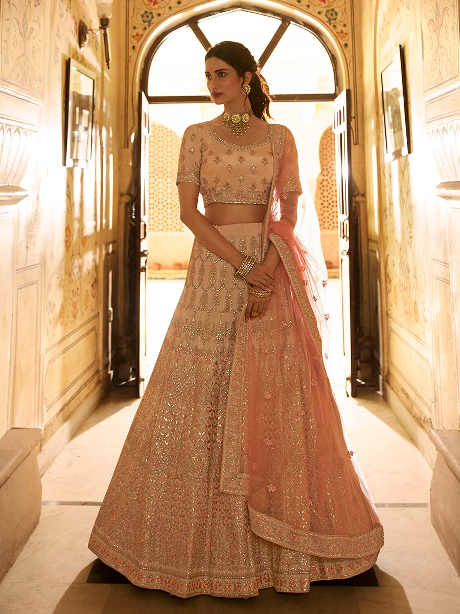 Myra Peach Crepe Embroidered Lehenga