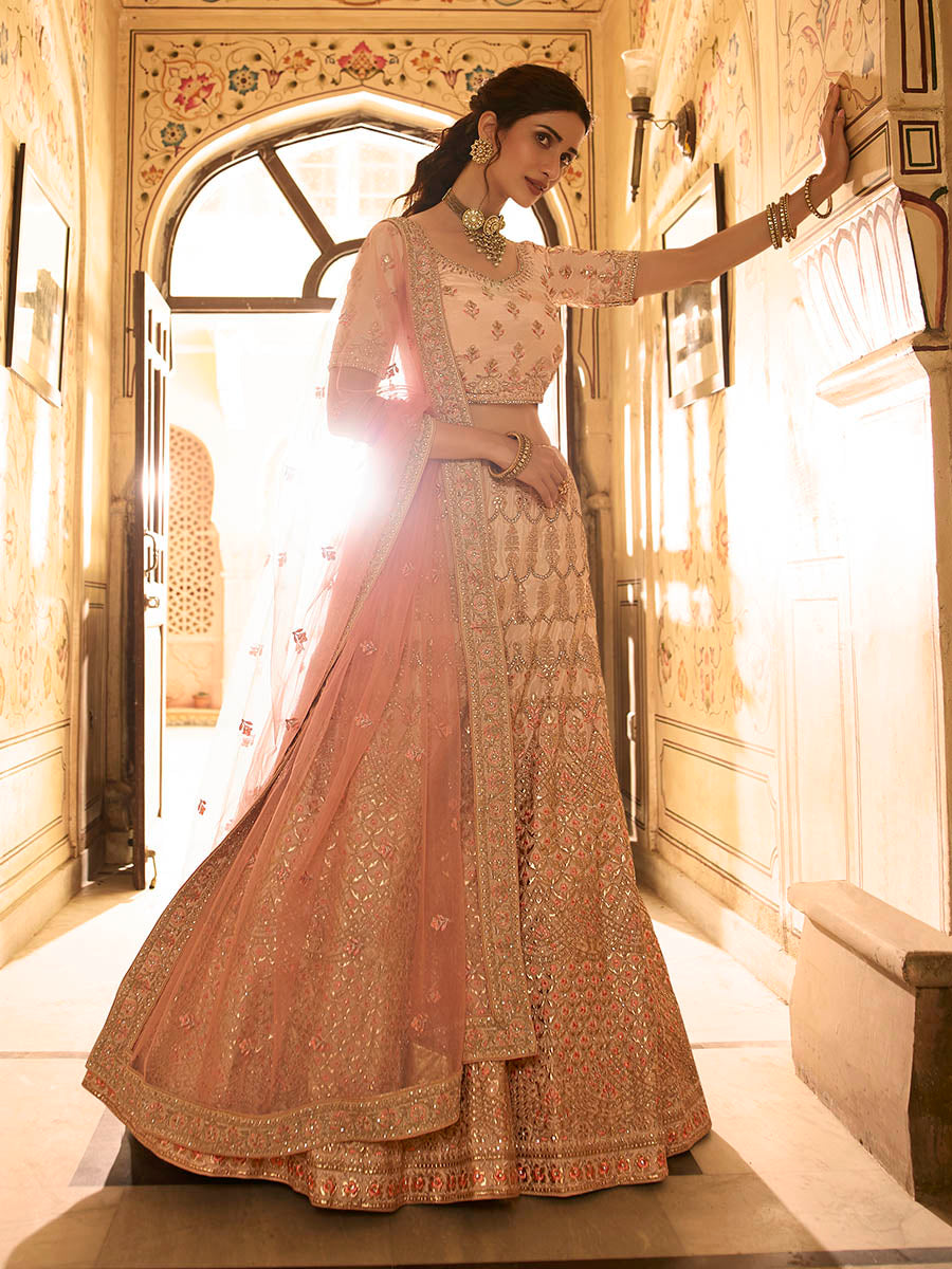Myra Peach Crepe Embroidered Lehenga