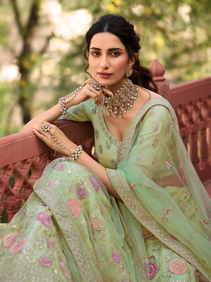 Myra Pista Green Organza Embroidered Lehenga