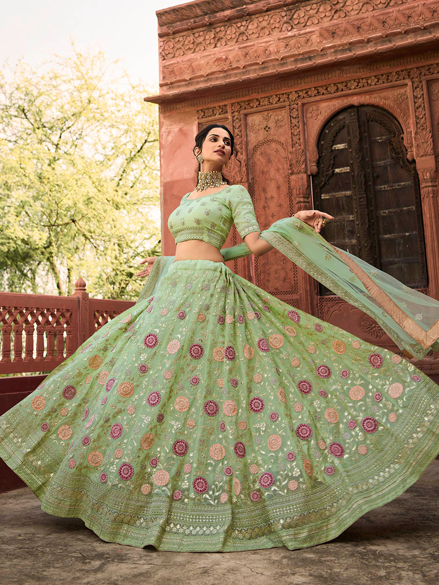 Myra Pista Green Organza Embroidered Lehenga