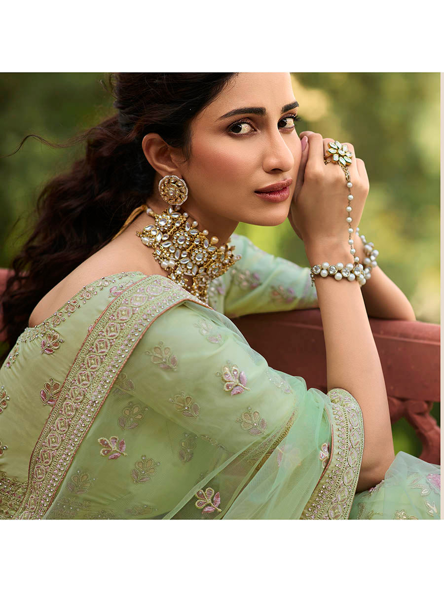 Myra Pista Green Organza Embroidered Lehenga