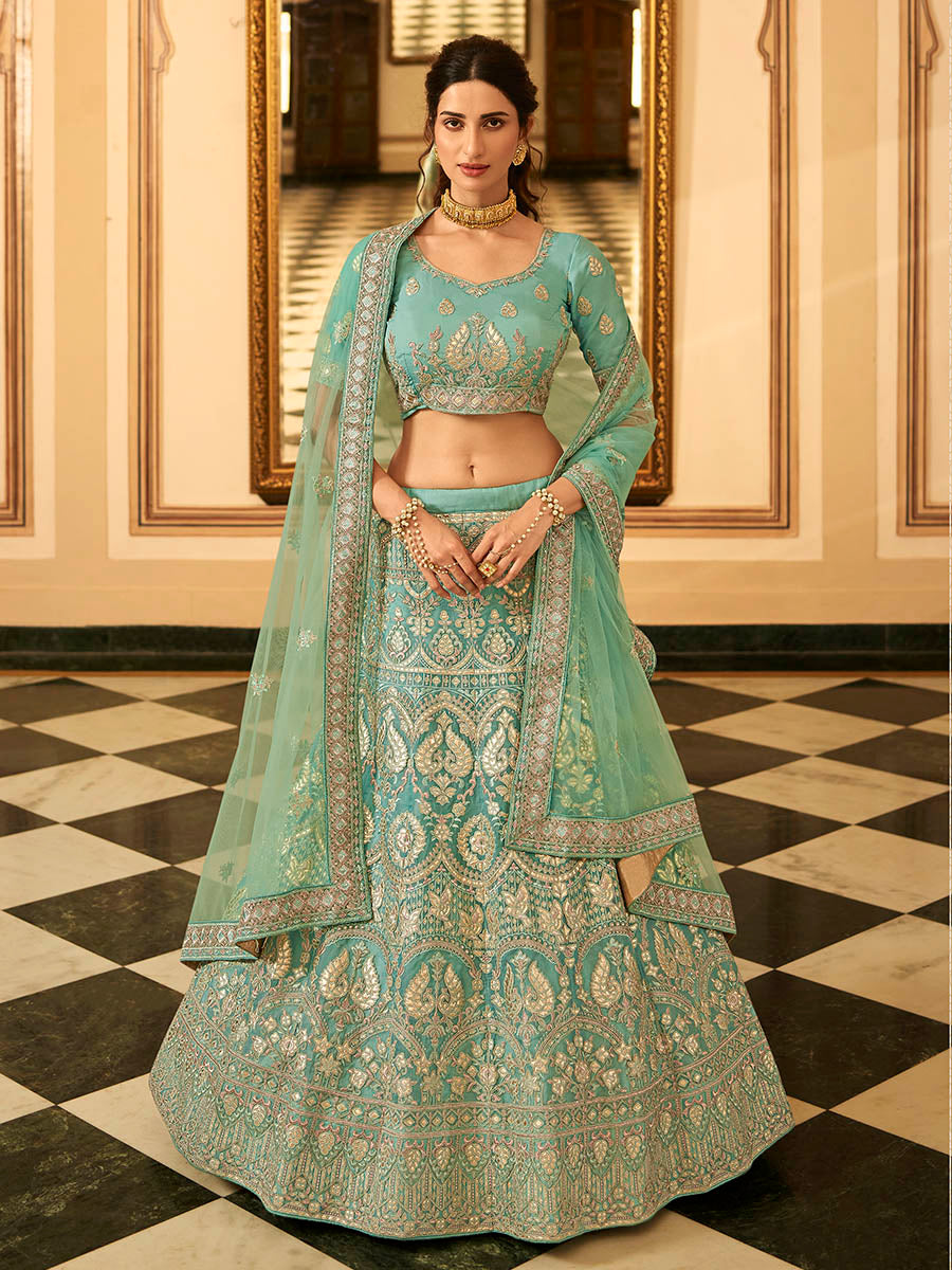 Myra Turquoise Organza Embroidered Lehenga