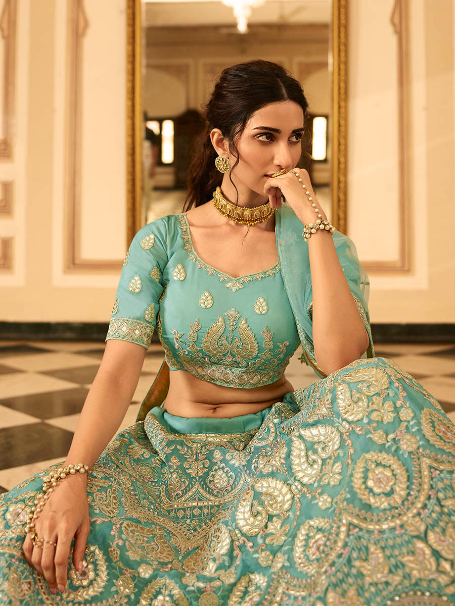Myra Turquoise Organza Embroidered Lehenga
