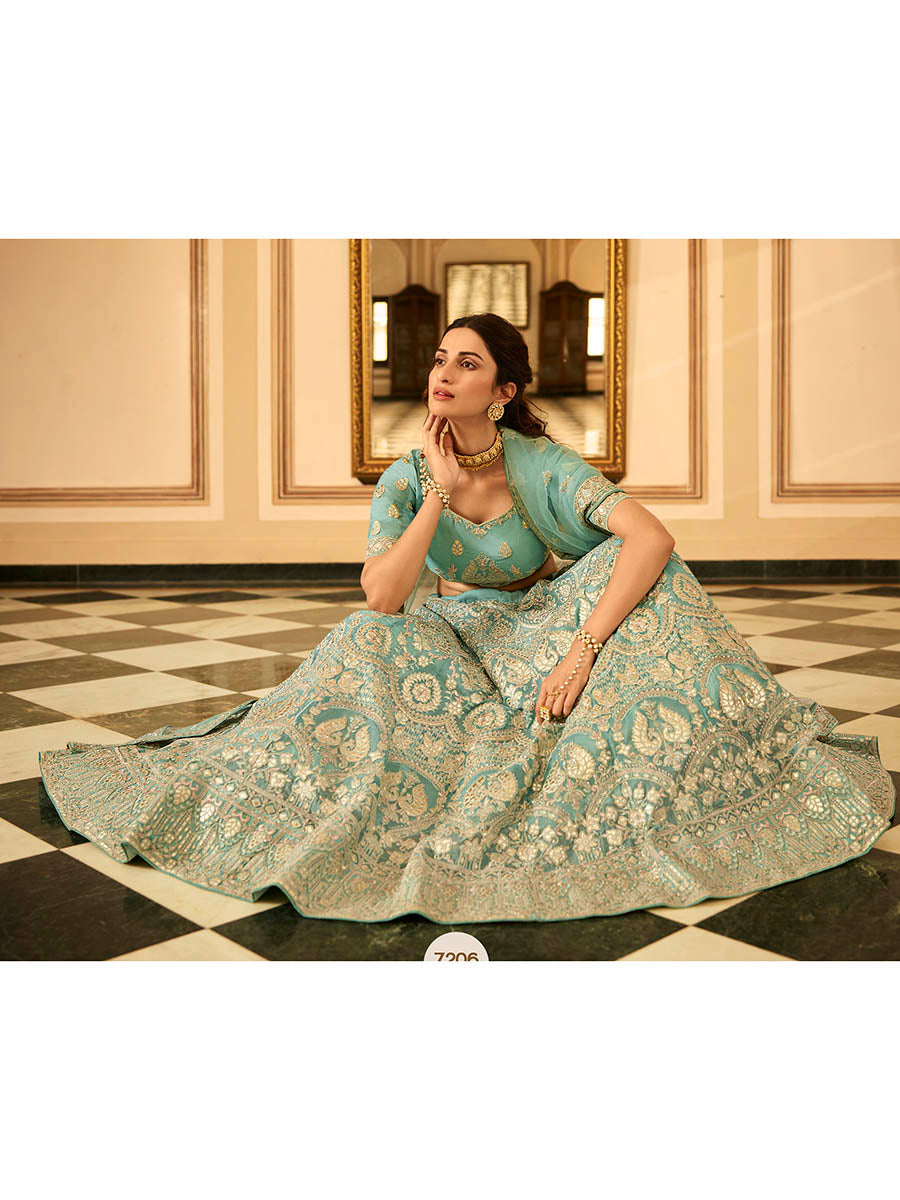 Myra Turquoise Organza Embroidered Lehenga