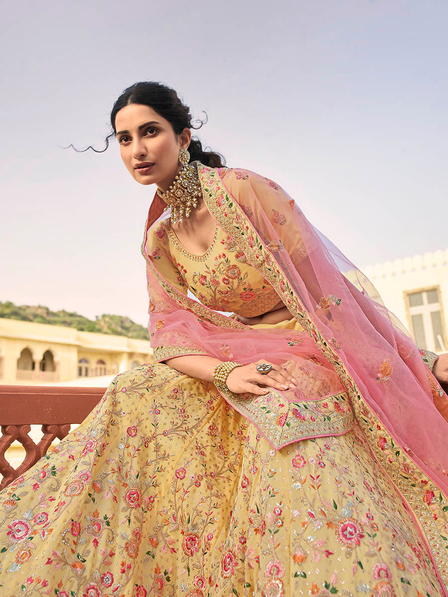 Myra Yellow Organza Embroidered Lehenga