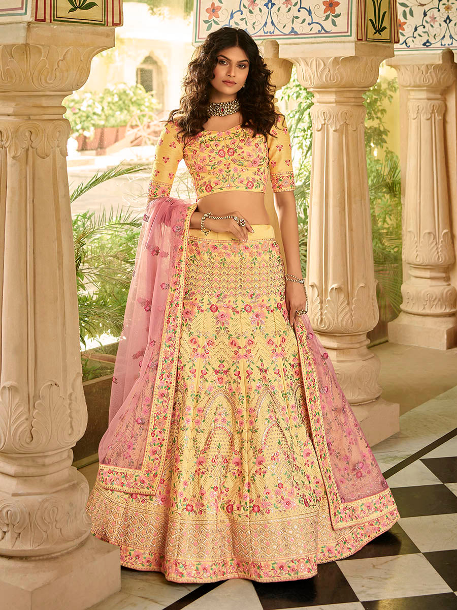 Myra Yellow Art Silk Embroidered Lehenga