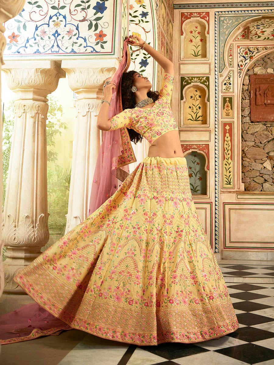 Myra Yellow Art Silk Embroidered Lehenga