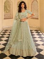 Myra Pista Green Crepe Embroidered Lehenga