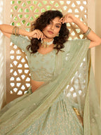 Myra Pista Green Crepe Embroidered Lehenga