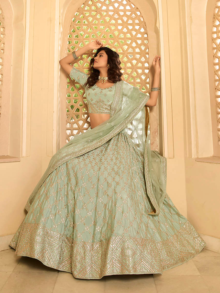 Myra Pista Green Crepe Embroidered Lehenga