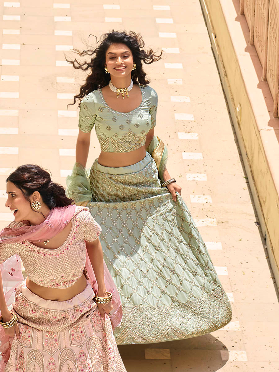 Myra Pista Green Crepe Embroidered Lehenga
