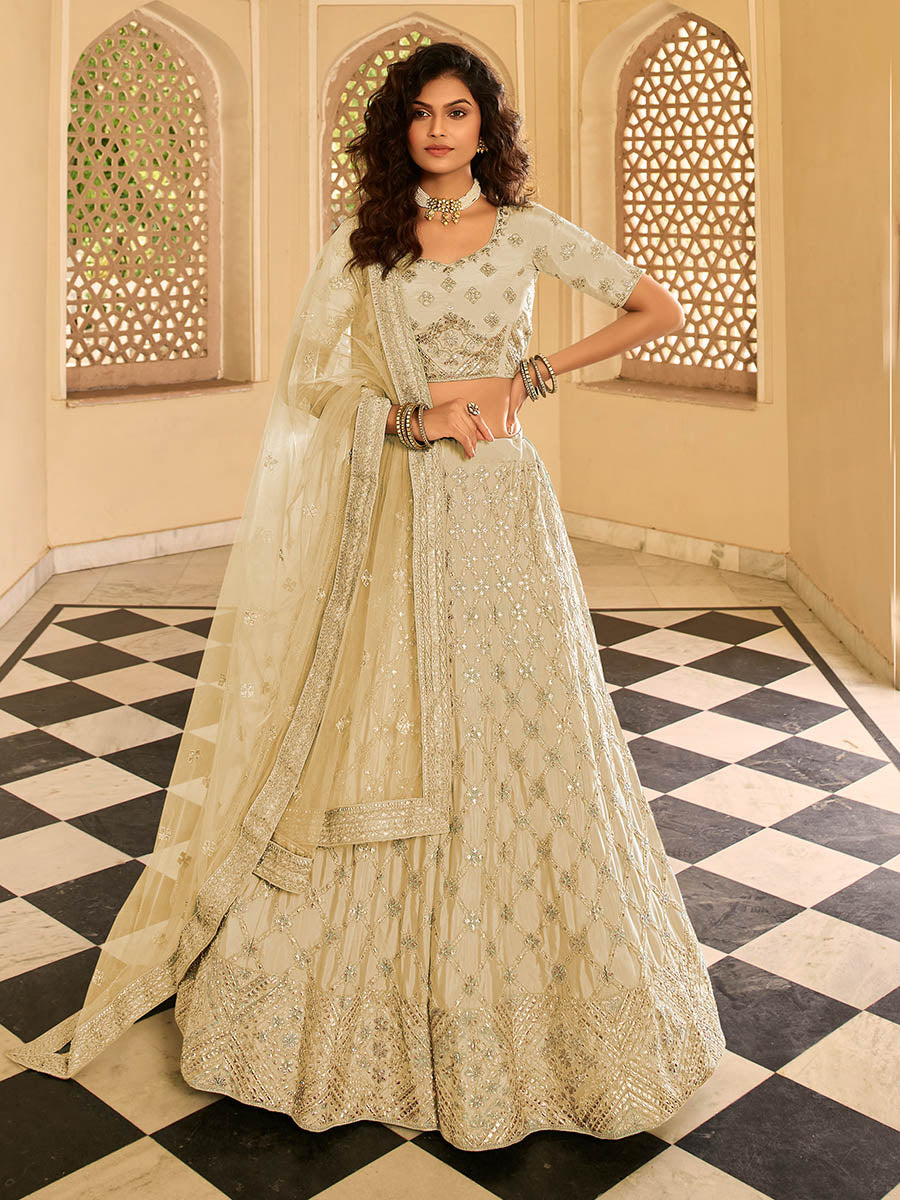 Myra Beautiful Beige Organza Embroidered Lehenga Choli