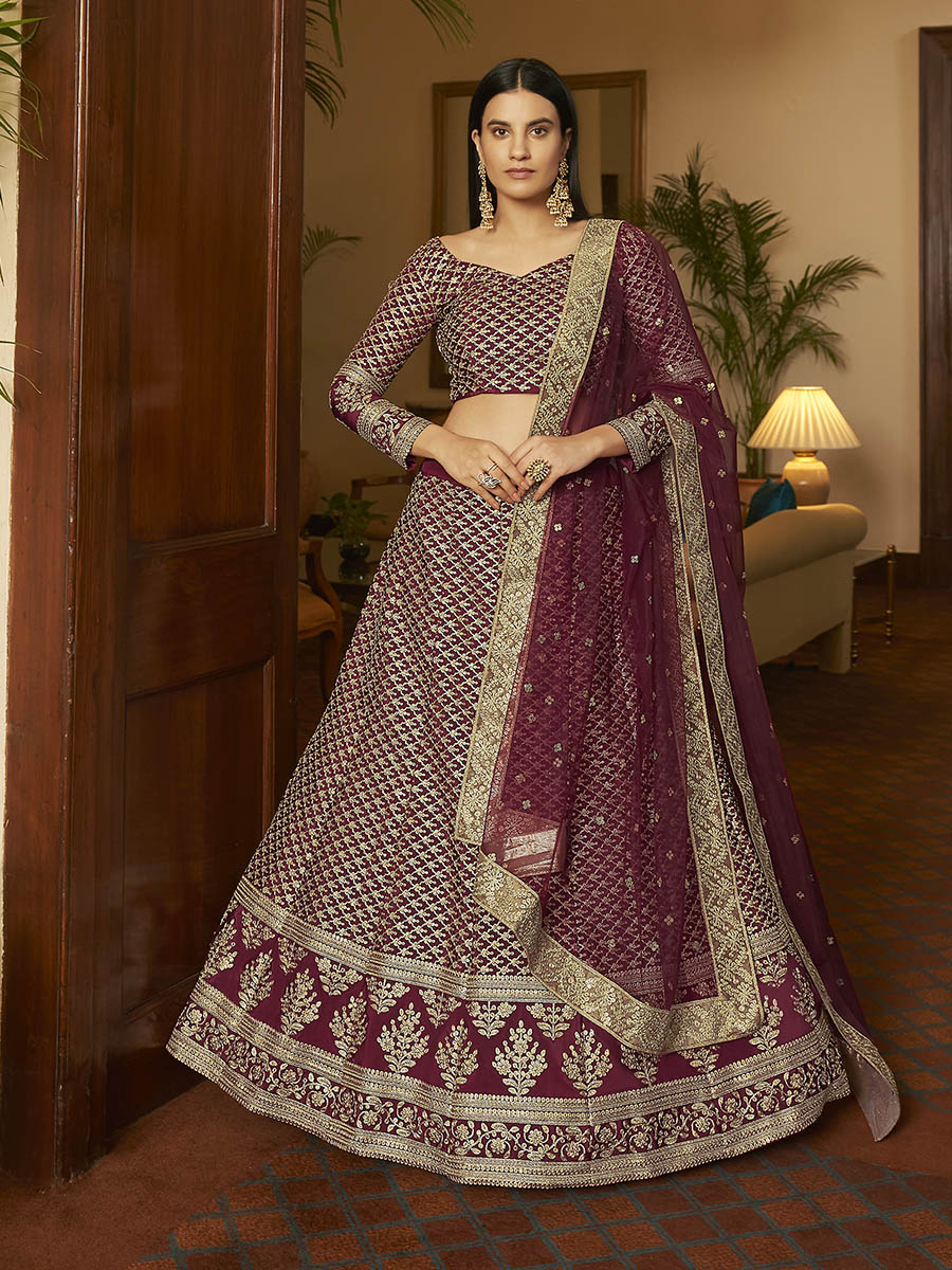 Myra Maroon Crepe Embroidered Lehenga