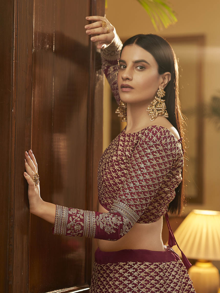 Myra Maroon Crepe Embroidered Lehenga