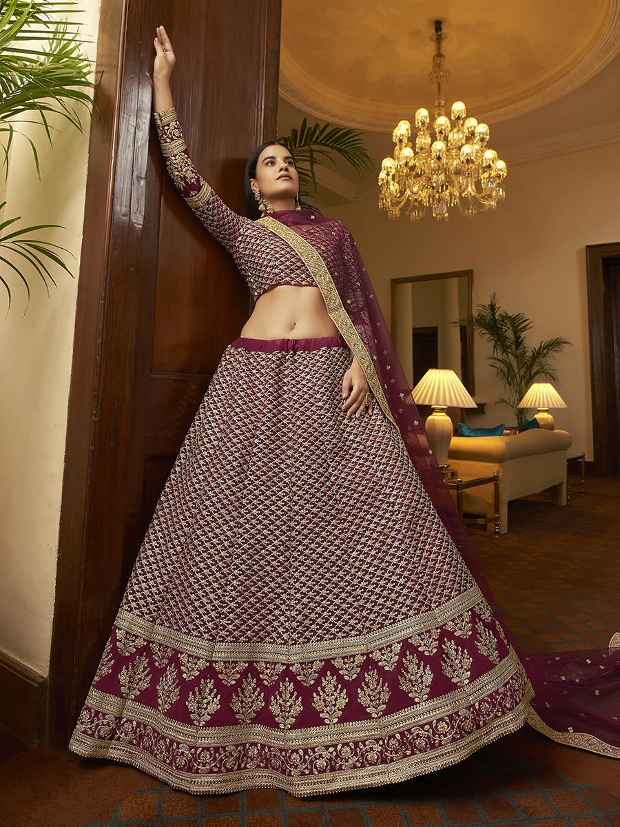 Myra Maroon Crepe Embroidered Lehenga