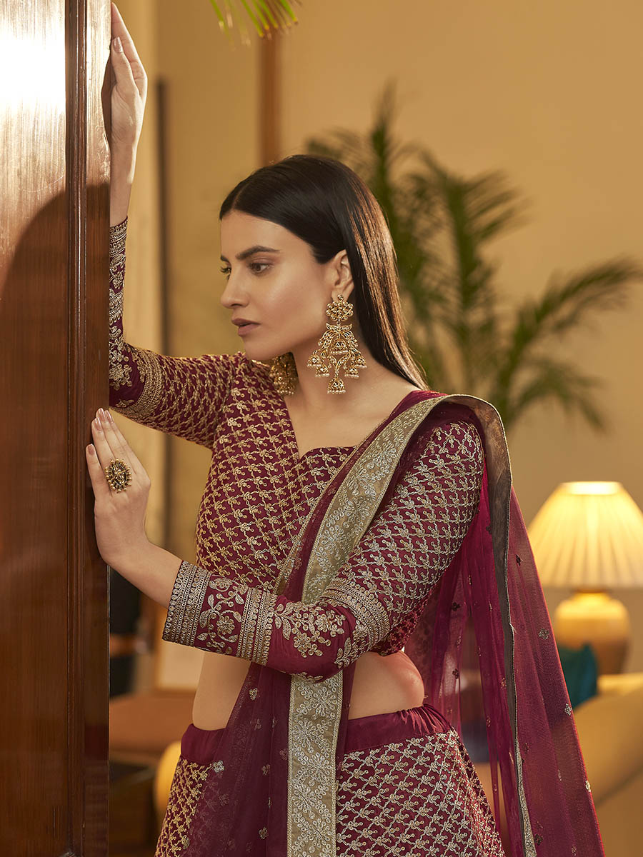 Myra Maroon Crepe Embroidered Lehenga