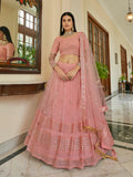 Myra Peach Soft Net Embroidered Lehenga