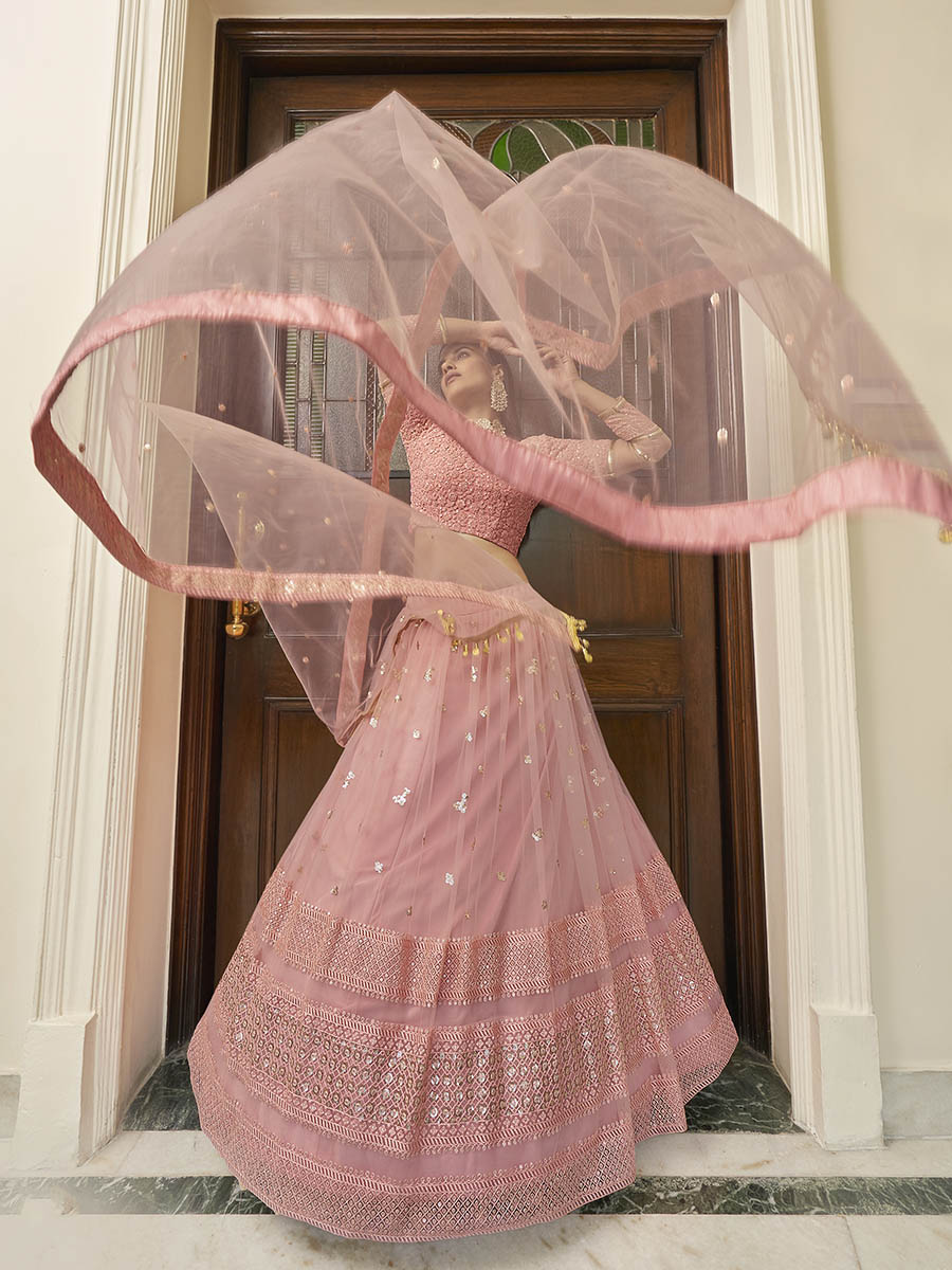Myra Peach Soft Net Embroidered Lehenga