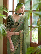Myra Olive Green Embroidered Organza Fancy Saree - Distacart