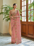 Myra Peach Embroidered Organza Fancy Saree - Distacart