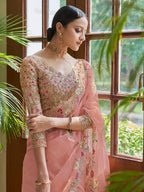 Myra Peach Embroidered Organza Fancy Saree - Distacart