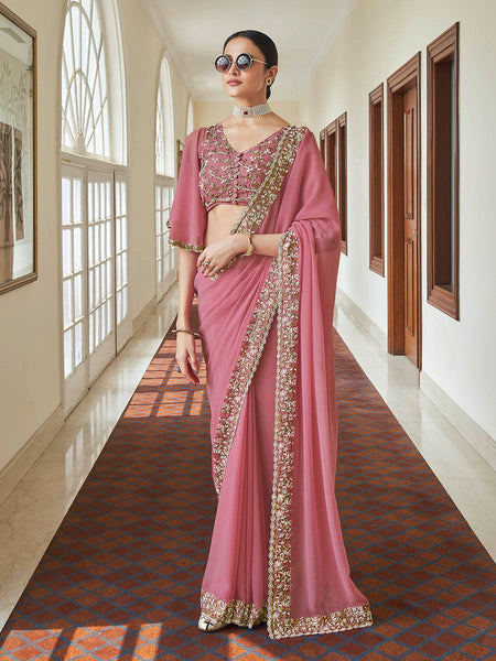 Myra Pink Embroidered Georgette Fancy Saree