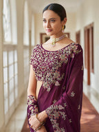 Myra Purple Embroidered Crepe Fancy Saree - Distacart