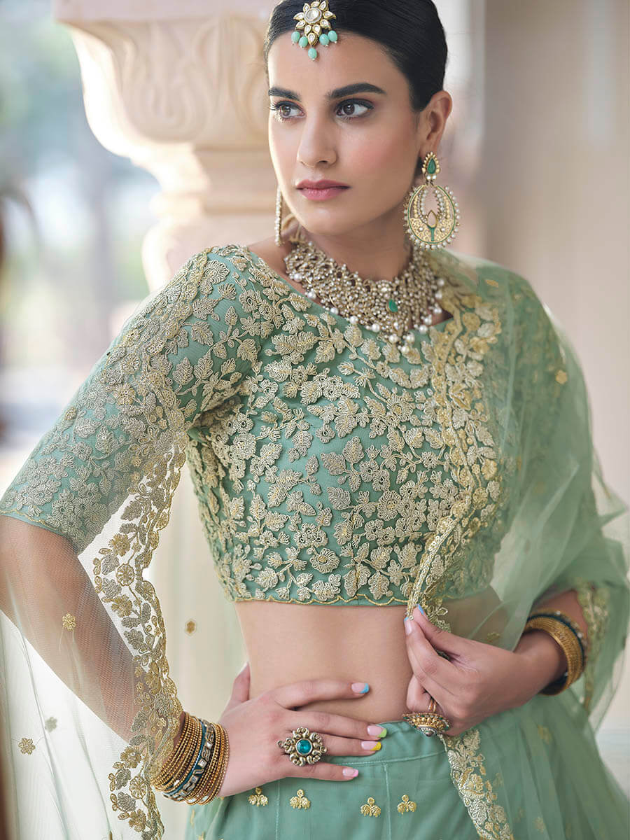 Myra Pista Net Embroidered Lehenga